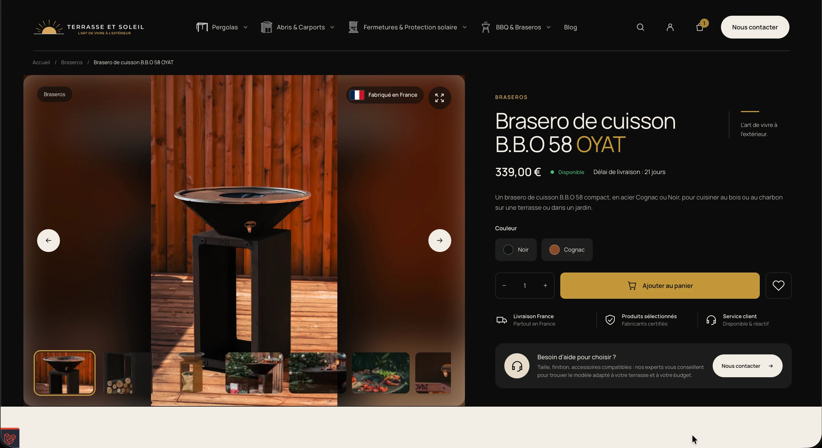 Fiche produit de la boutique Terrasse et Soleil : brasero OYAT et ajout au panier